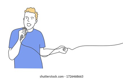 Hombre cantando con micrófono. Ilustración vectorial dibujada a mano.