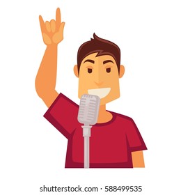 Hombre cantando en el micrófono aislado en el fondo blanco. Dispositivo de tecnología de medios de transmisión de sonido para cantar, transmitir y entretener. Ilustración vectorial de cantante de karaoke en diseño de estilo plano