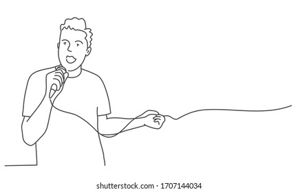 Man singing with microphone. Line drawing vector illustration.