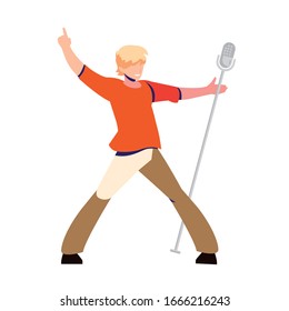 man singing with microphone on white background vector illustration design