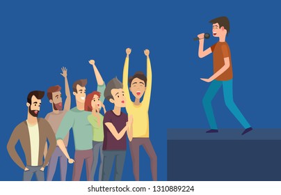 Man singing with microphone, side view of stage. Cheerful people near scene with hands up. Concert with group of fans men and women on blue vector