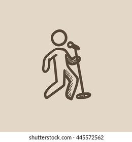 Hombre cantando con el icono de dibujo vectorial del micrófono aislado en el fondo. Hombre dibujado a mano cantando con un ícono de micrófono. Hombre cantando con un icono de boceto de micrófono para infografía, sitio web o aplicación.