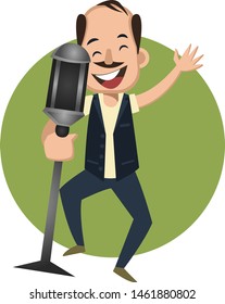 Hombre cantando en micrófono, ilustración, vector sobre fondo blanco.