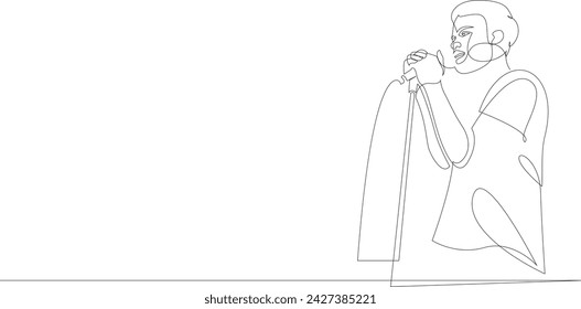 Man singing or performing stand up comedy continuous line drawing. One line art of man singing karaoke use microphone or tells a speech. Song contest concept. Vector illustration.