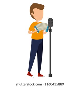 man singing and playing accordion