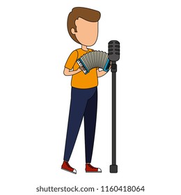 man singing and playing accordion