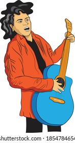 The man singing and playing acoustic guitar wearing jacket. Vector Illustrator.