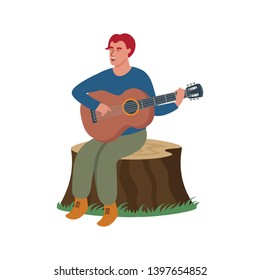 The man is singing and playing guitar in a forest. Flat vector illustration in cartoon style.