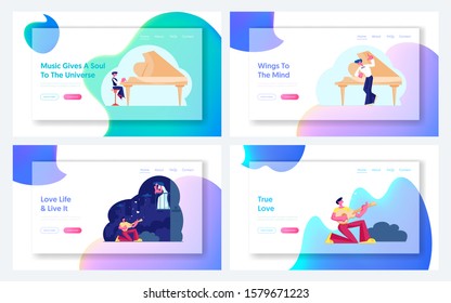 Man Singing Serenade to Woman, Boy Practice Piano Playing Website Landing Page Set. Student Prepare to Performance on Stage, Love Song at Night Web Page Banner. Cartoon Flat Vector Illustration