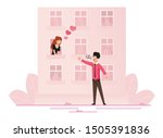 Man Singing Serenades under Window. Beloved Cartoon Woman on House Second Floor Listening to Song. Flat Building. Romantic Relationship. Dating Invitation. Love Declaration. Vector Illustration