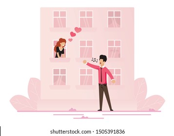 Man Singing Serenades under Window. Beloved Cartoon Woman on House Second Floor Listening to Song. Flat Building. Romantic Relationship. Dating Invitation. Love Declaration. Vector Illustration