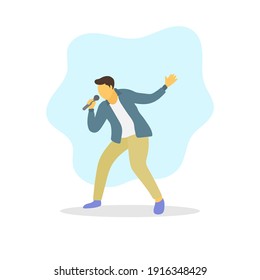 Man singing a song with mic. Guy holding microphone. Live concert. Party event. Band vocalist. Music performer. Karaoke pose. Entertainment performance. Rock or pop star. Flat vector illustration.