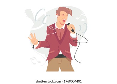 Man singing song with mic vector illustration. Live concert, party event, band vocalist, music performer, karaoke pose flat style. Entertainment, pop star, hobby concept. Isolated on white background