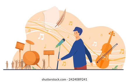 Man singing song vector illustration. Huge violin, drums, music notes on background. Lover of music, art concept