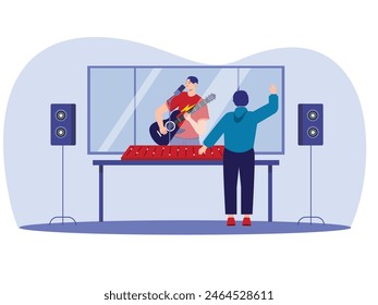 Man singing and strumming bass in a music studio room. Character design. Vector flat illustration