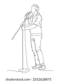 Homem cantando ou falando ao microfone no palco exterior. Desenho de linha contínuo. Ilustração vetorial em preto-e-branco no estilo de arte em linha.
