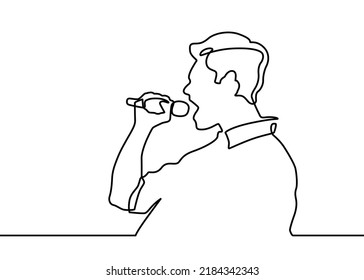 Man singing use microphone one line continuous single line art. Man singing karaoke continuous one line drawing. Speaker with microphone tells a speech. Amateur song contest, competition.