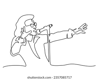 Man singing use microphone. Talented singer. Continuous one line art drawing style. Minimalist black linear sketch isolated on white background. Vector illustration