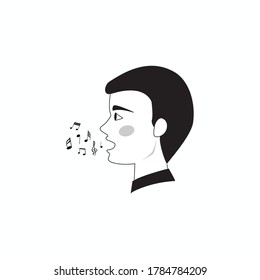 man singing vector on white background. symbol or vector of male head with music notes icon, Black Flat illustration, modern vector, man head front view, man's sound