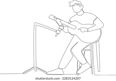 Un hombre cantando mientras toca la guitarra en el escenario. Dibujo de una línea de banda musical