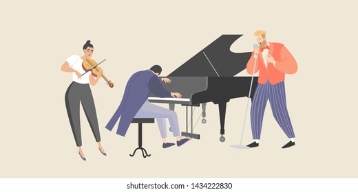 A man sings to the accompaniment of a piano and violin. Isolated characters of musicians for design banners or posters