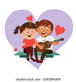 man sings to a girl , playing guitar , lovers on the bench , love, heart , vetkornaya graphics, illustration