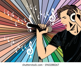a man sings in headphones on a multicolored background, an abstract image of a singing man