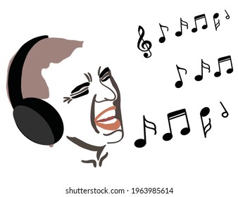 a man sings into a microphone on a white background, music notes, music