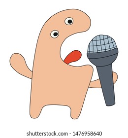 A man sings in karaoke. Cool little man sings loudly into the microphone on stage or at a party. Drawing in a flat or cartoon style. Vector illustration isolated on a white background.