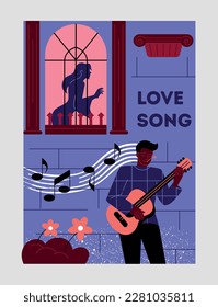 Man sings love song. Young guy stand with guitar under window and sing serenade to his girlfriend. Design element for postcard. Happy Valentines Day. Romantic couple. Cartoon flat vector illustration