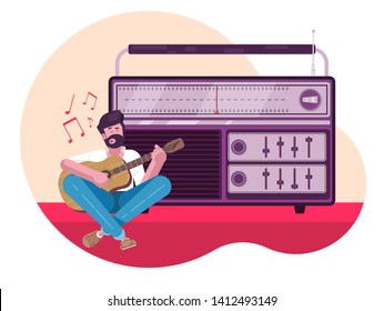 a man sings and plays the guitar near the old radio,retro receiver and musician,vector image flat design