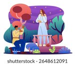 Man sings serenade to woman. Young guy sings to girl on balcony. Love and romance. Romantic date in Middle Ages. Boyfriend and girlfriend dating. Flat vector illustration