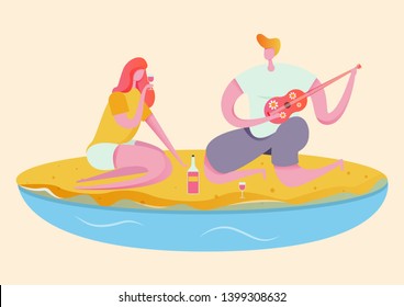 a man sings serenades to his girlfriend,the guy plays the little guitar,vector colorful illustration