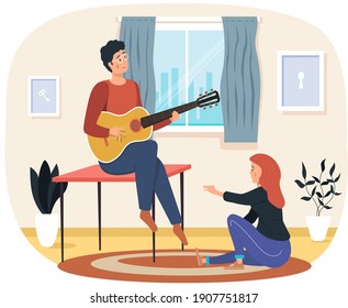 Man sings song to girlfriend. Couple in relationship at home enjoying time with guitar. Guy plays musical instrument. Male character creates music for girl. Musician plays strings on instrument