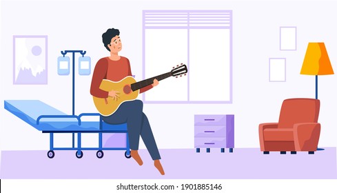 Man sings song. Guy sits in hospital ward with guitar. Person creates music. Male character uses guitar. Musician plays strings on instrument in medical institution. Guitarist making melody