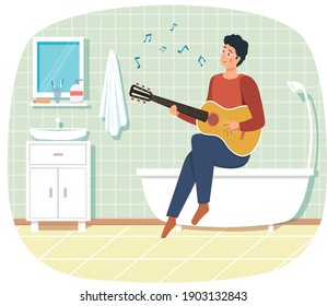 Man sings song. Guy sitting on bathtub in bathroom with guitar. Guitarist making melody at home. Person creates music. Male character uses musical instrument. Musician plays strings on instrument