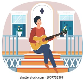 Man sings song. Guy sitting on doorstep of his house and plays guitar. Person creates music. Male character playing musical instrument. Musician plays strings on instrument. Guitarist resting on porch