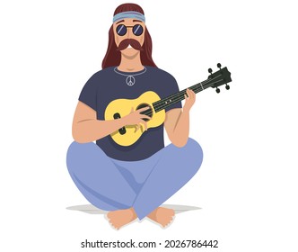 Man sings song. Guy sitting with guitar isolated on white. Guitarist making melody at home. Person creates music. Male character uses musical instrument. Musician plays strings on instrument