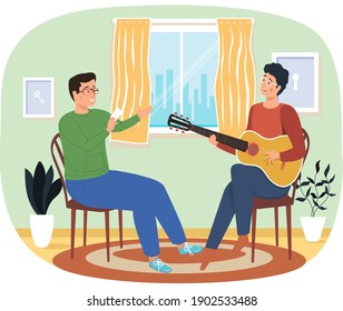Man sings song to his friend. Guy playing guitar concept. Person sitting with card in hands. People have fun and spend time at home together. Men perform and listen to music vector illustration