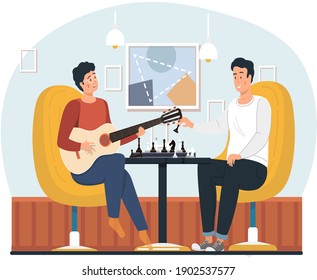 Man sings song to his friend. People at home enjoying time with guitar and play chess. Guy playing musical instrument. Character creates music. Musician plays strings on instrument. Men rest together