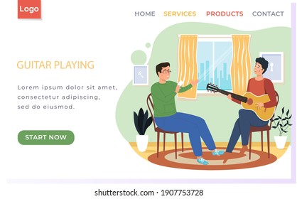 Man sings song to his friend. Guy playing guitar concept. Person sitting with card in hands. People have fun and spend time at home together. Men perform and listen to music vector illustration
