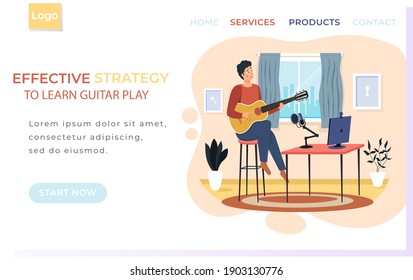 Man sings song into microphone and records audio. Web site with string instrument lessons. Effective strategy to learn guitar play concept. Landing page template. Musician playing guitar at home