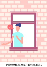 Man Sings Song Or Speaks At Window, Brick Wall Frontage. Male Character With Chat Bubble, Neighbour In Gap Inside House Facade Vector Illustration.