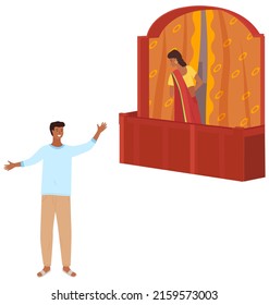 Man sings song to standing on balcony indian woman in traditional clothing isolated on white background in flat style. Differences people in east dress. Asian guy chatting with girl on street