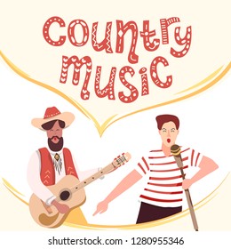 A man sings songs and ballads into the microphone and plays the guitar. Artists perform on the stage of the music festival. Country style or rural folklore in North America. Vector illustration