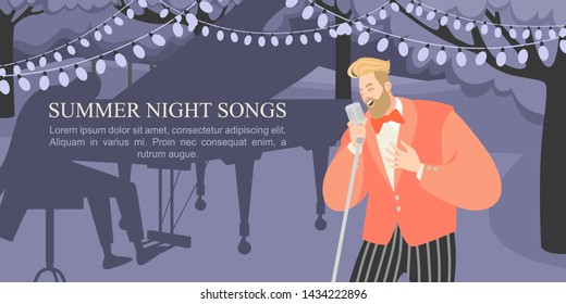 A man sings at a summer night concert in the park. Vector illustration with singer and grand piano for poster or banner design.