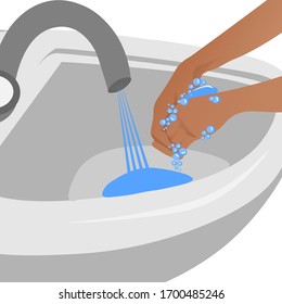 Un hombre en el lavabo lava las manos con jabón. Ilustración del vector