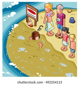 Man sinking in quicksand at beach, surprised family staring at him (vector cartoon)