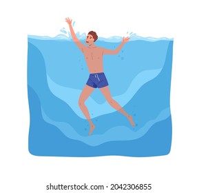 Man sinking in sea. Young guy in danger during swimming, calling for help with hands. Persons body drowning under water. Underwater accident. Flat vector illustration isolated on white background