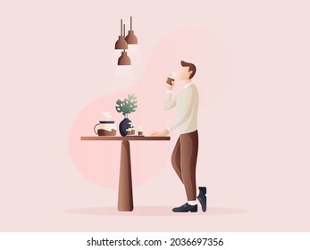 Man sipping coffee while taking a break. Flat design Illustration about break between work.